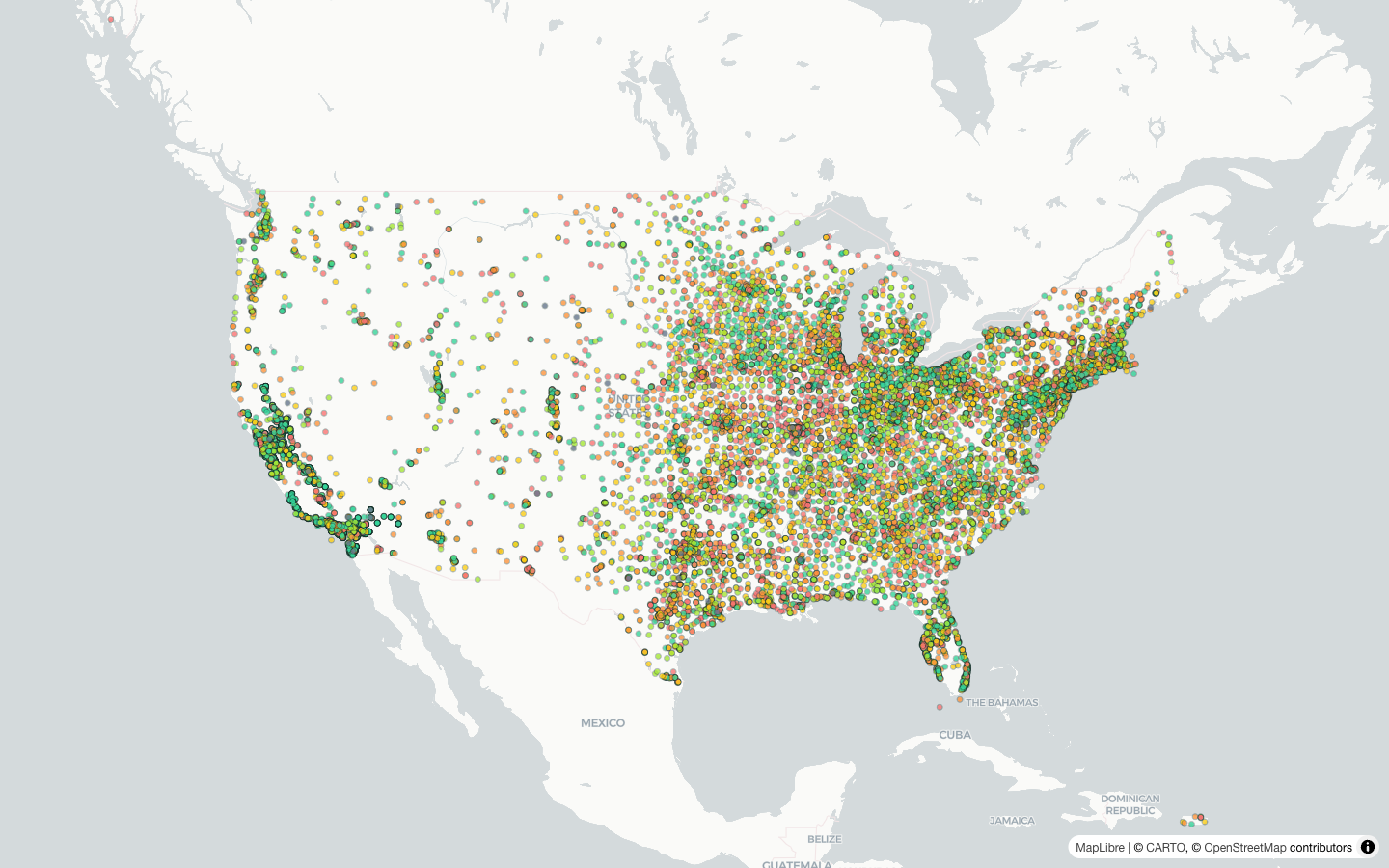 U.S. senior-care facilities colored by their published safety grade